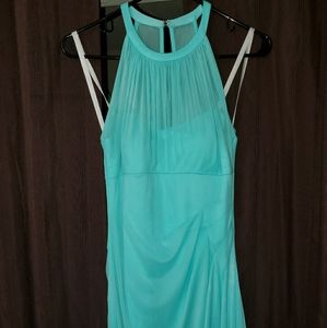 Long teal dress.